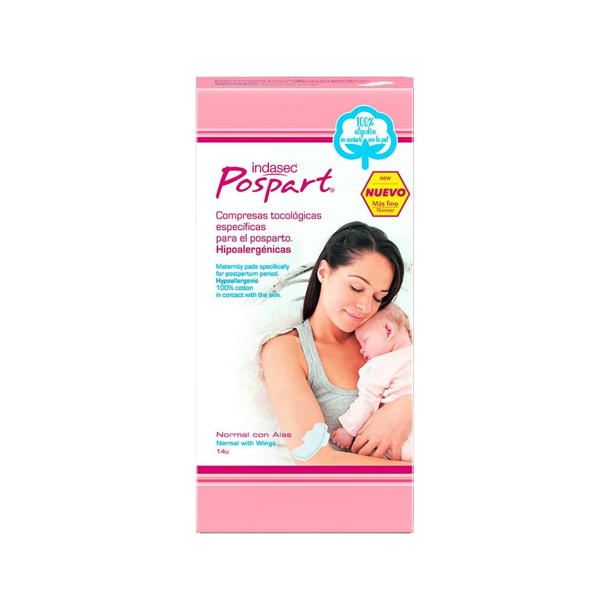 Indasec Pospart Compresas Algodón Normal Alas 14U